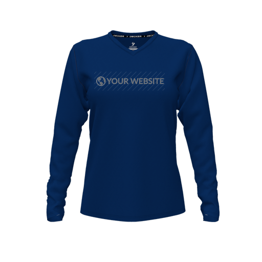 [CUS-DFW-TEES-CMF-VNK-LSL-NVY-FYXS-LOGO2] Decker Comfort T-Shirt (Female Youth XS, Navy, V Neck, Logo 2, Long Sleeve)