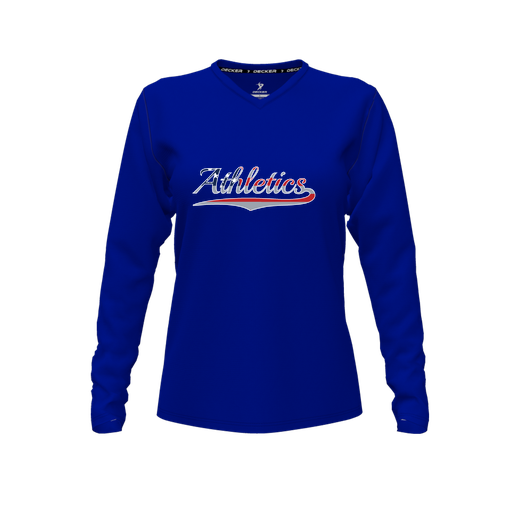 [CUS-DFW-TEES-CMF-VNK-LSL-RYL-FYXS-LOGO1] Decker Comfort T-Shirt (Female Youth XS, Royal, V Neck, Logo 1, Long Sleeve)