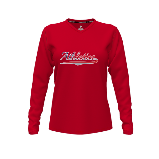 [CUS-DFW-TEES-CMF-VNK-LSL-RED-FYXS-LOGO1] Decker Comfort T-Shirt (Female Youth XS, Red, V Neck, Logo 1, Long Sleeve)
