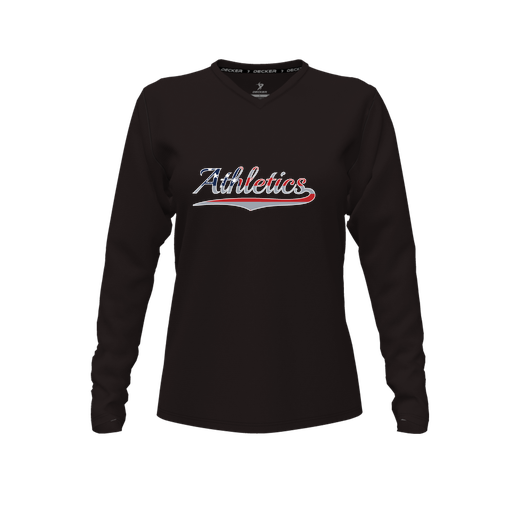 [CUS-DFW-TEES-PER-VNK-LSL-BLK-FYXS-LOGO1] Decker Performance T-Shirt (Female Youth XS, Black, V Neck, Logo 1, Long Sleeve)