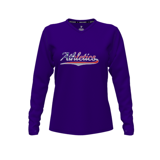 [CUS-DFW-TEES-PER-VNK-LSL-PUR-FYXS-LOGO1] Decker Performance T-Shirt (Female Youth XS, Purple, V Neck, Logo 1, Long Sleeve)